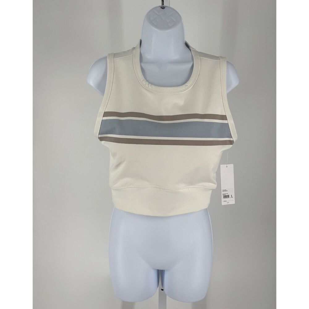 Title: Yogalicious Cropped Athletic Tank Top | Cream Stripe Activewear Top